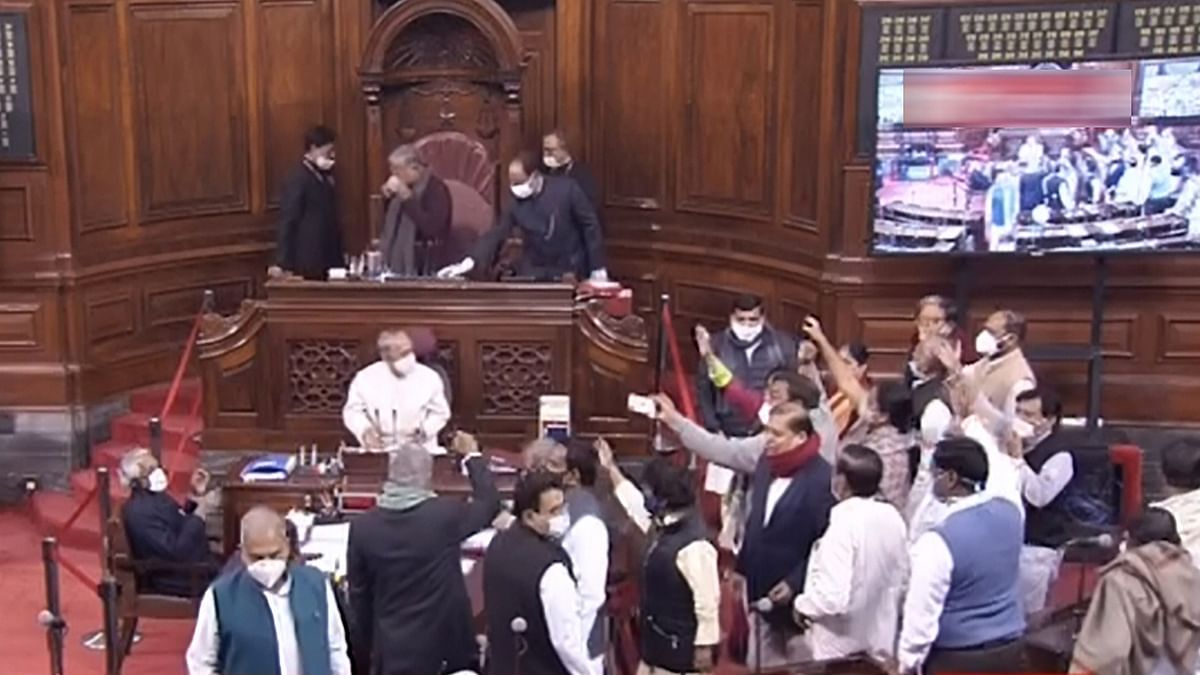 Opposition leaders stage a protest over farm laws at Rajya Sabha during the Budget Session of Parliament, on 2 February.