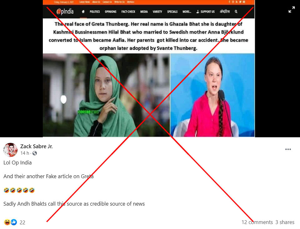 The morphed screenshot claims that OpIndia said that Greta Thunberg was born into a Muslim family.