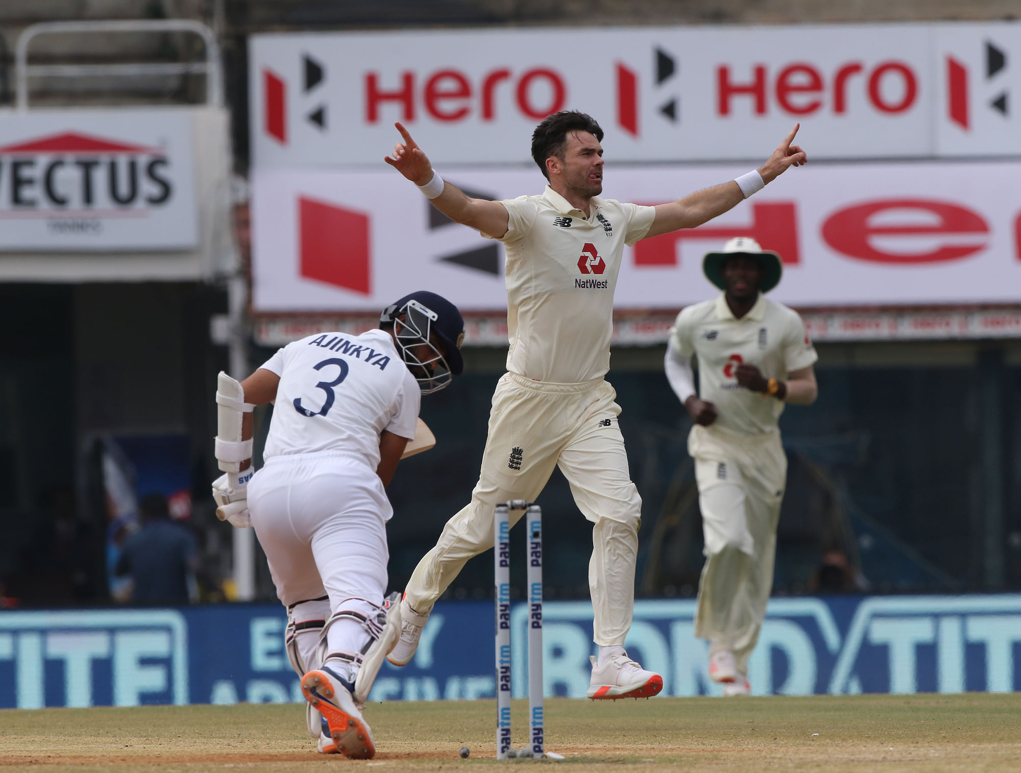James Anderson of England celebrates the wicket of Ajinkya Rahane (Vice captain) of India during day five of the first test match between India and England.
