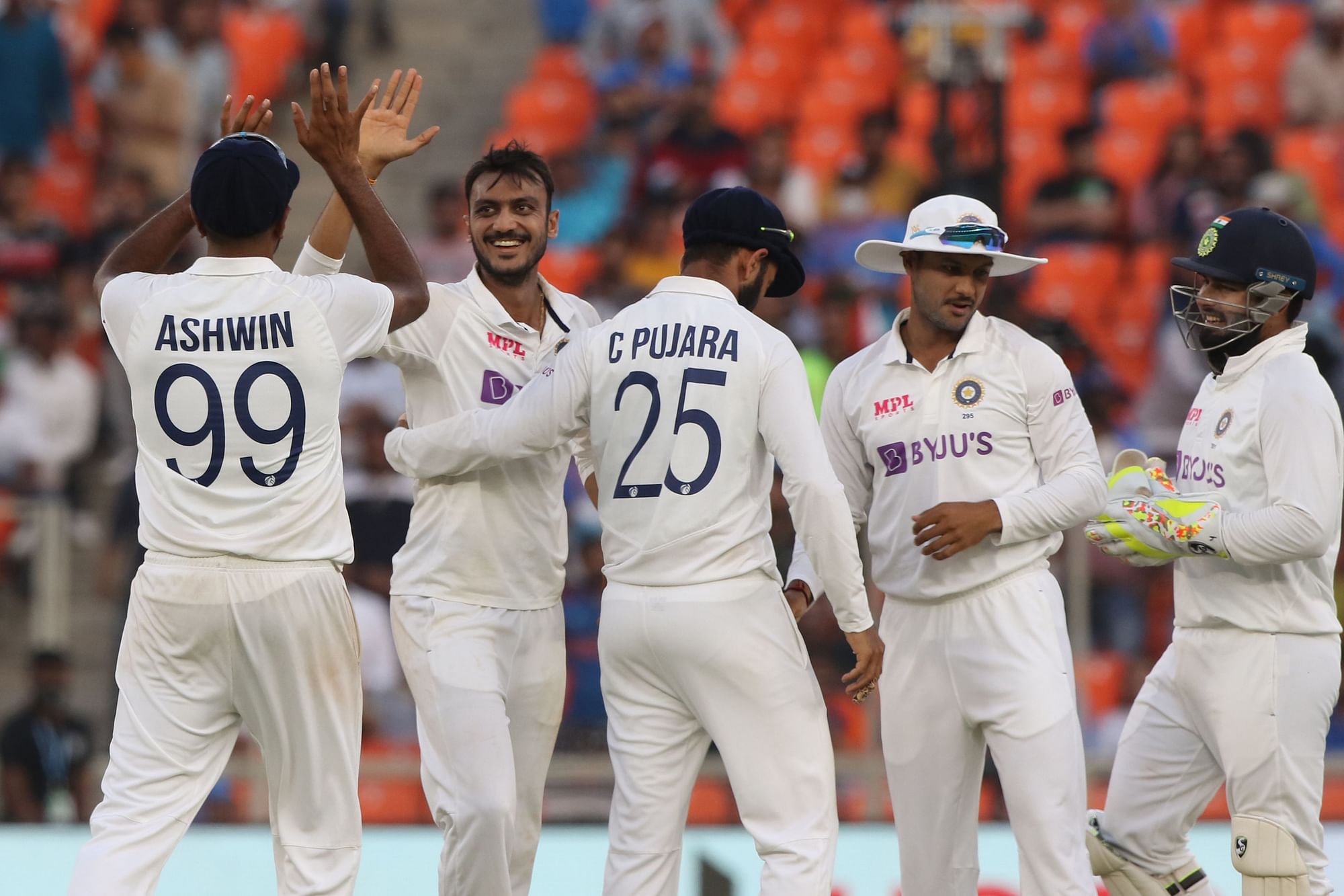 Axar Patel of India during day one of the third test match between India and England held at the Narendra Modi Stadium.