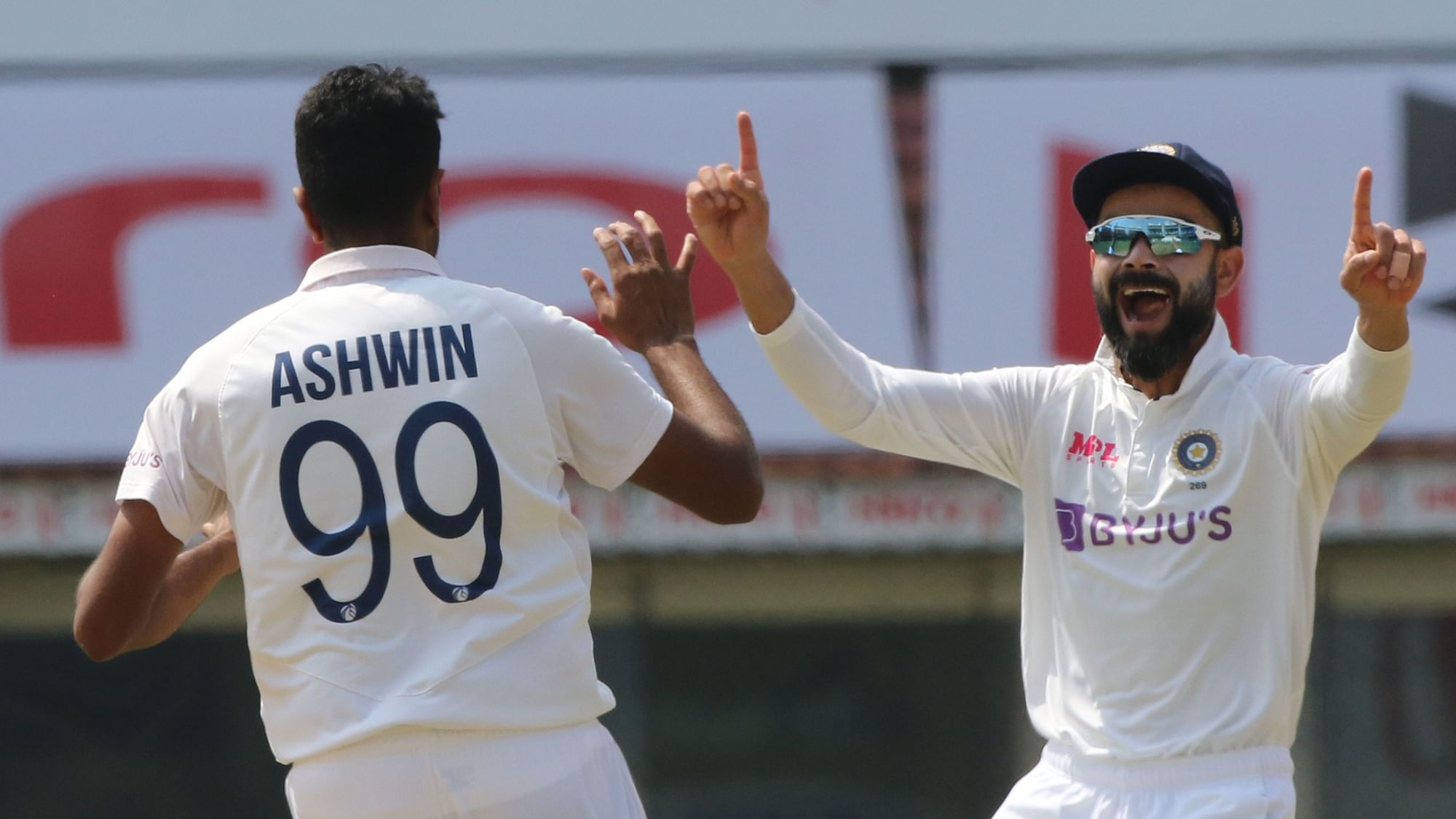 R Ashwin celebrates a wicket on Day 4 in Chennai against England.