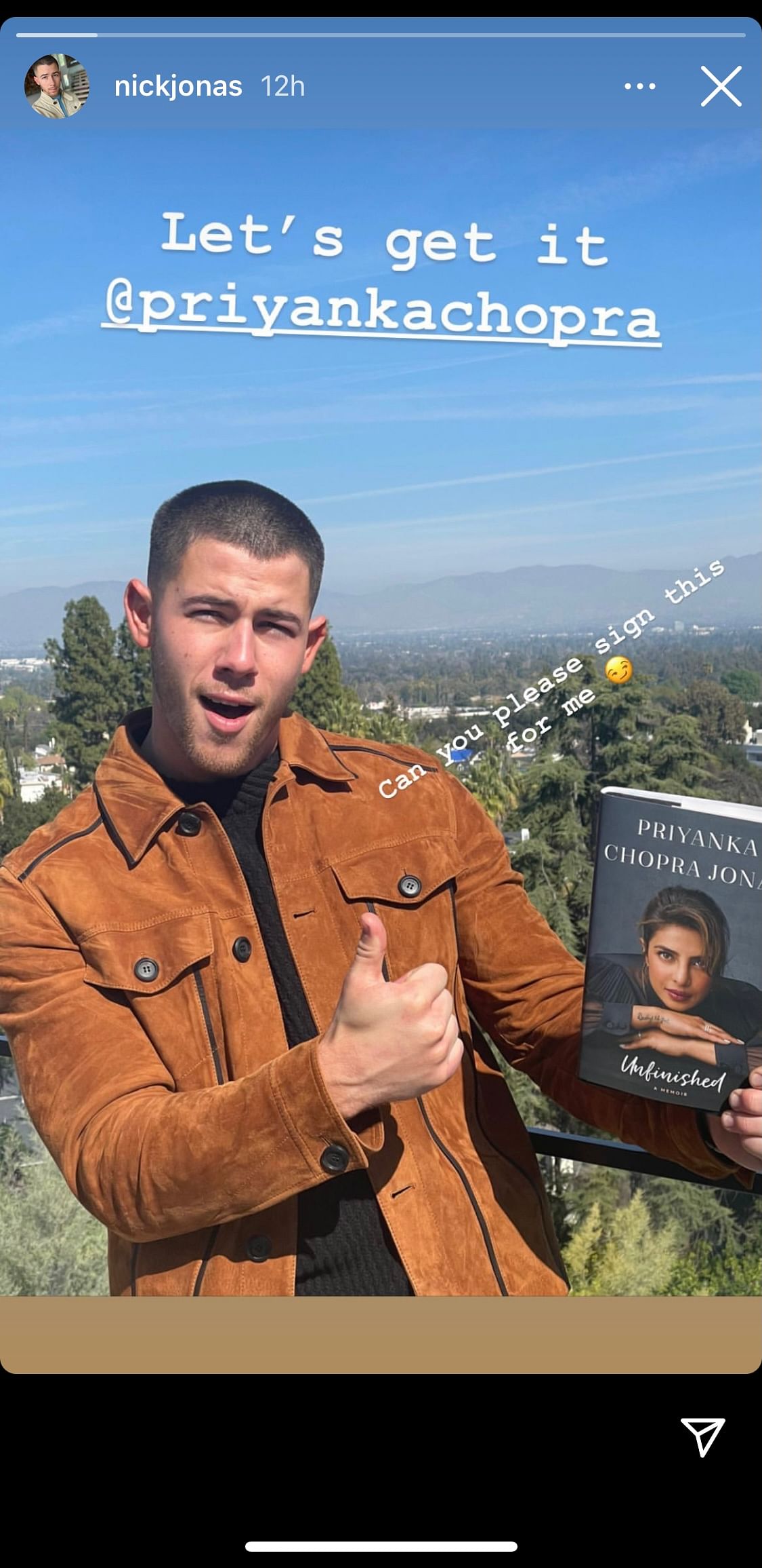 Nick Jonas takes to Instagram to ask Priyanka Chopra for an autographed copy of her book “Unfinished”.