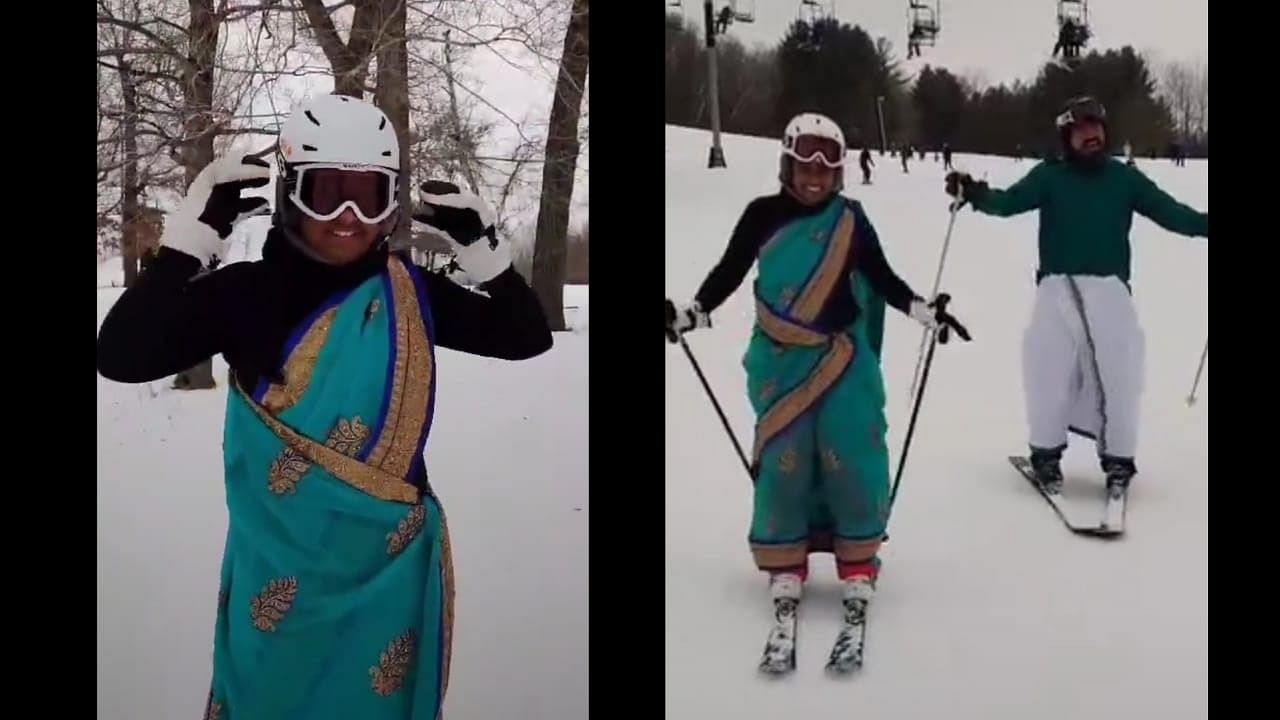 Watch: Viral Video of Woman Skiing in a Saree With Husband