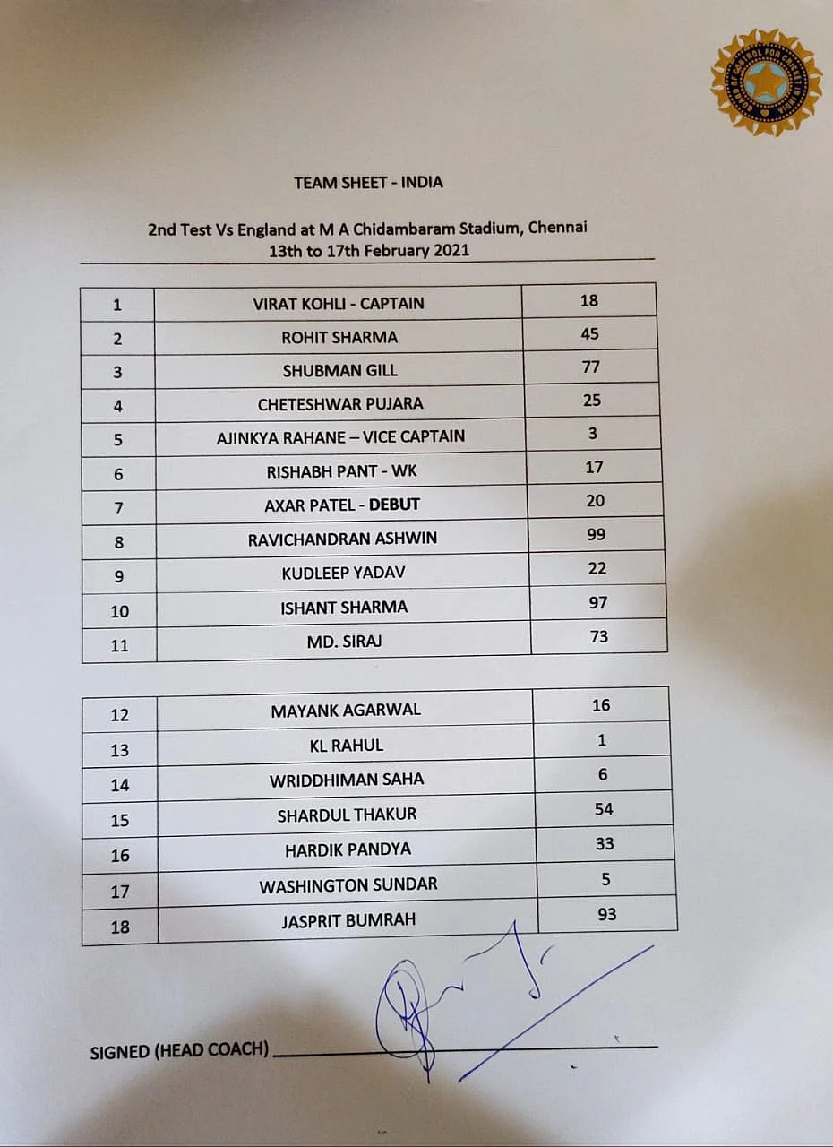 India team sheet for the 2nd Test in Chennai.