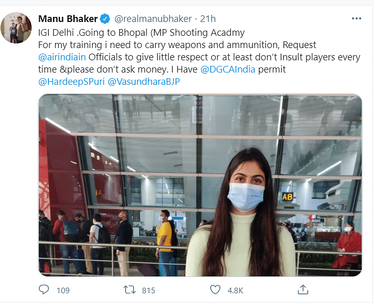 Manu Bhaker claimed to be harassed by Air India officials at the IGI airport while boarding a flight to Bhopal.