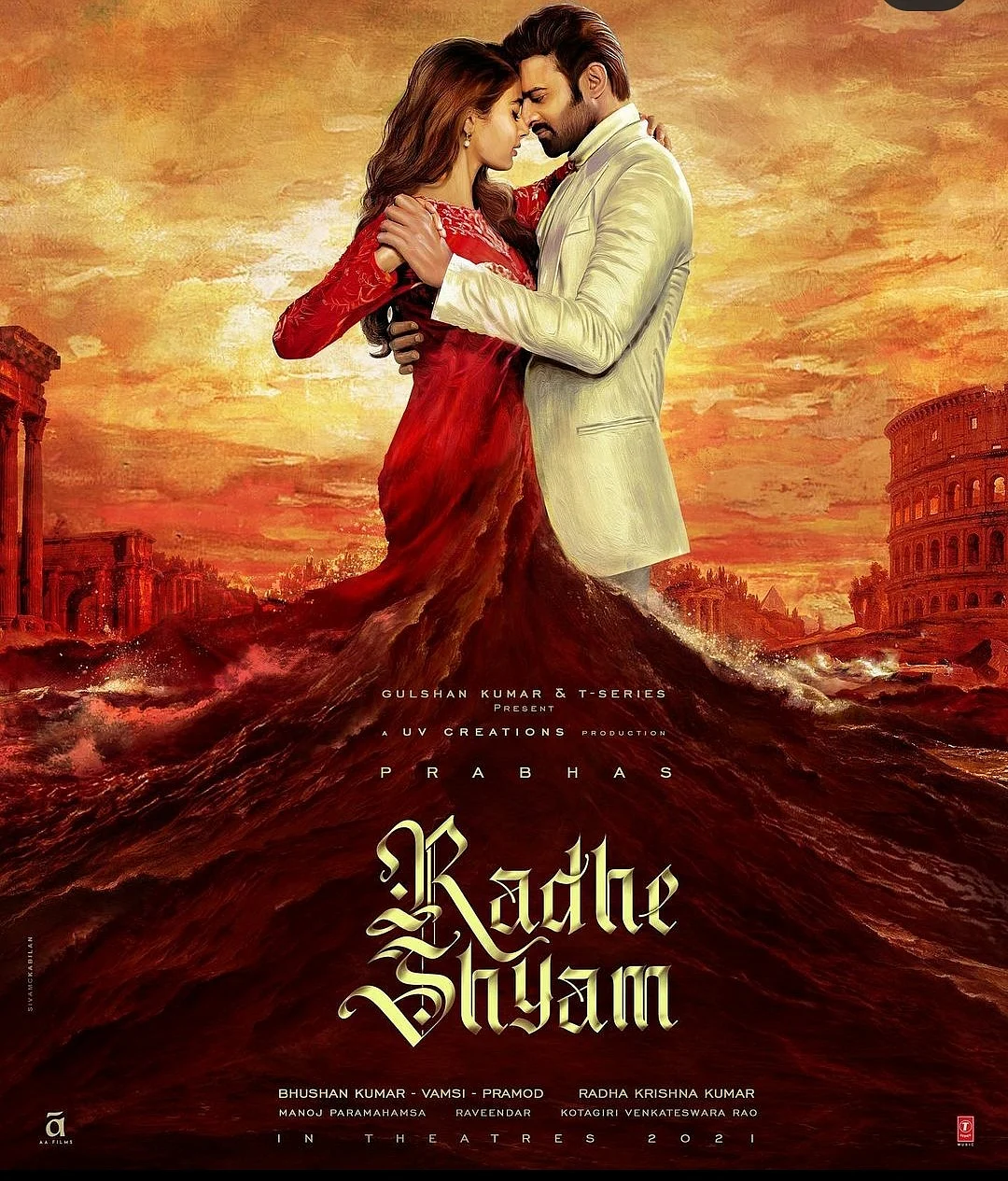 Prabhas and Pooja Hegde in the poster for <i>Radhe Shyam</i>