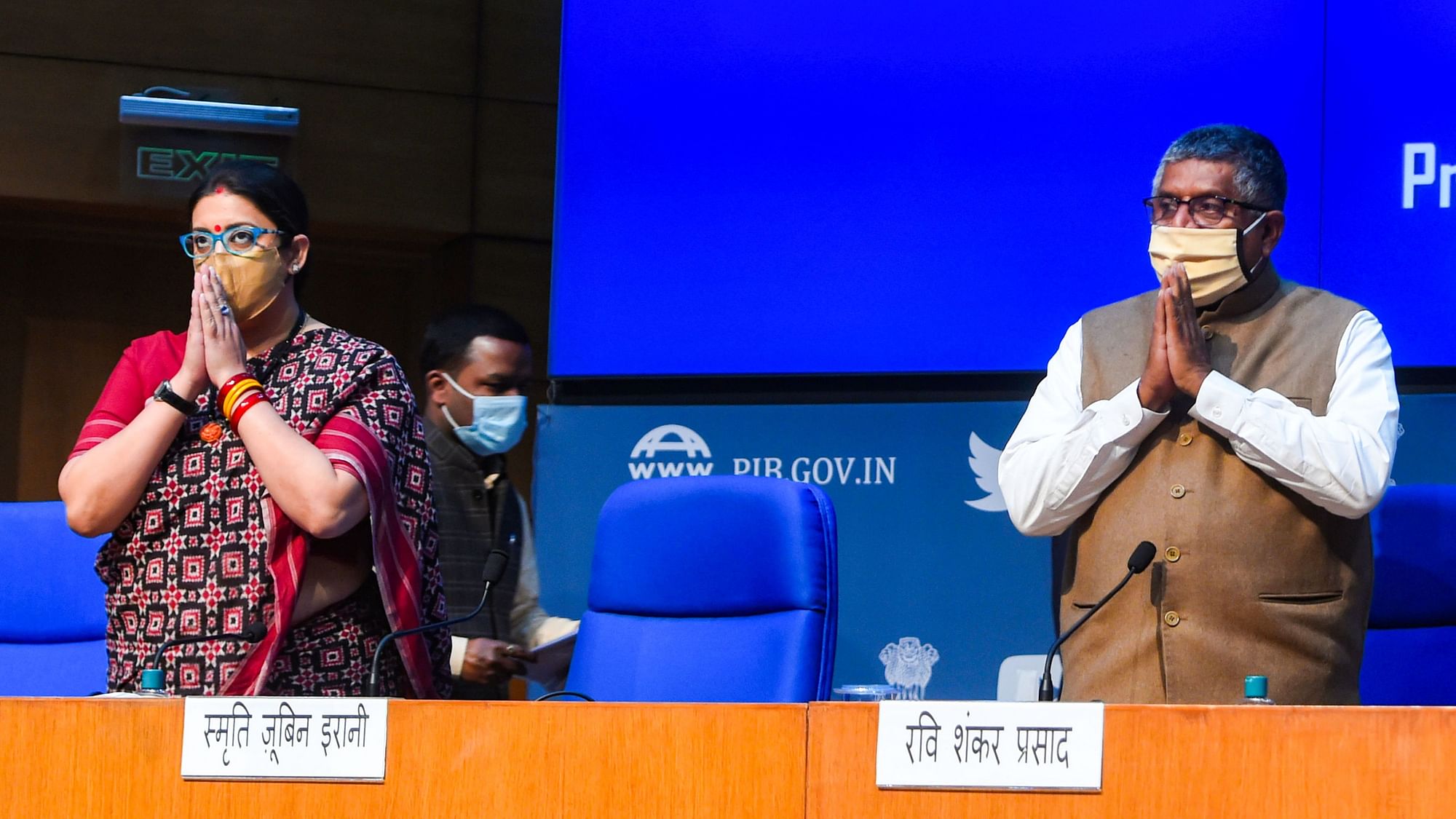 Union Law Minister Ravi Shankar Prasad and Minister of Textiles and Women and Child Development Smriti Irani (L) during a press conference on cabinet decisions, in New Delhi, Wednesday, 17 February