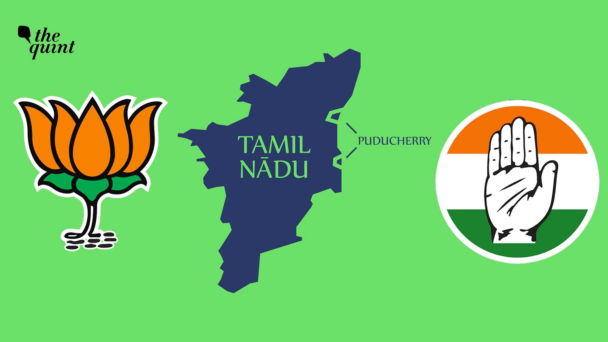 Image of Puducherry’s location on the map, and BJP &amp; Congress’s symbols, used for representational purposes.