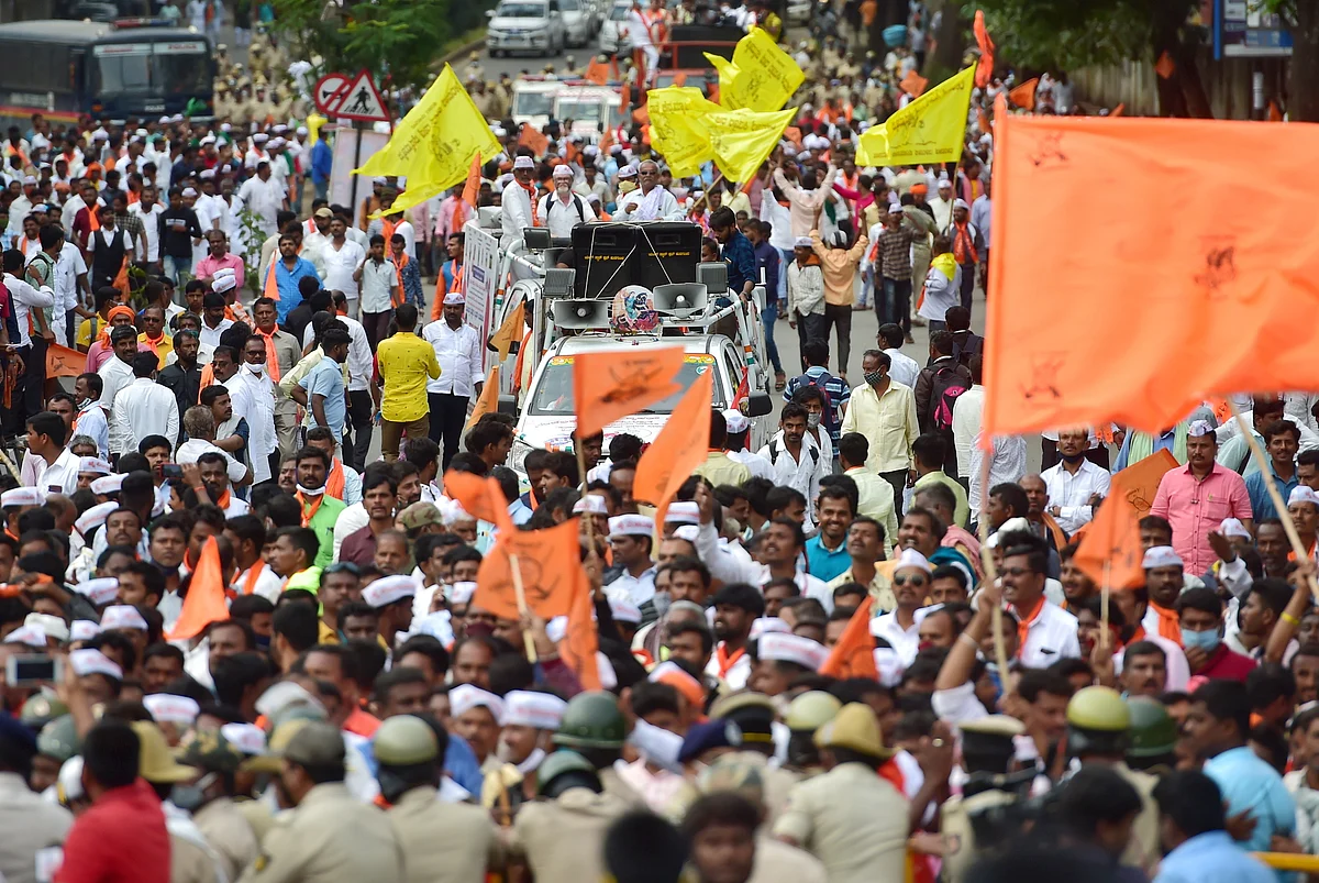 Members of the Panchamasali (Lingayat) community during a rally demanding for the inclusion of Lingayat community in the 2A reservation category, in Bengaluru on Sunday.
