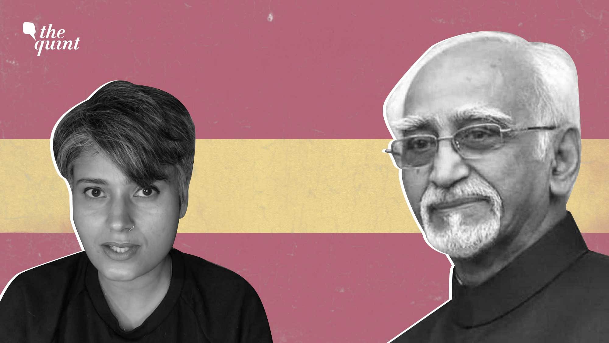 Image of The Quint’s Opinions Editor Nishtha Gautam (L) and India’s former Vice President Hamid Ansari (R) used for representational purposes.