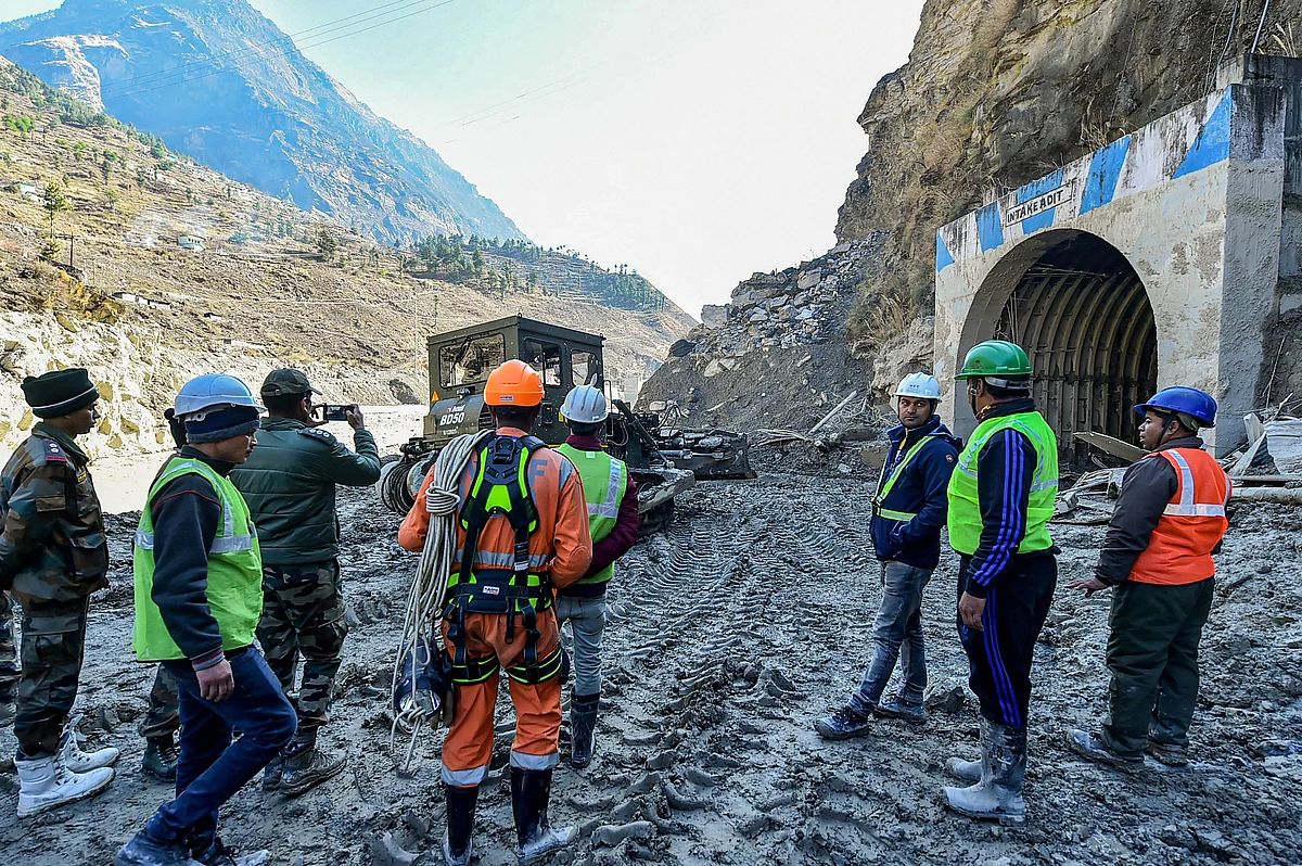 Rescue operations continue at Tapovan Tunnel, following Sunday’s glacier burst in Joshimath causing a massive flood in the Dhauli Ganga river, in Chamoli district of Uttarakhand.