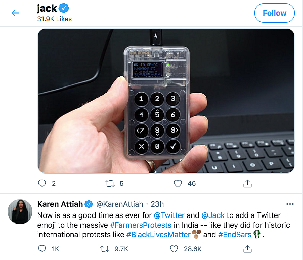 Twitter CEO ‘Likes’ Tweet Asking For Emoji For Farmers’ Protest