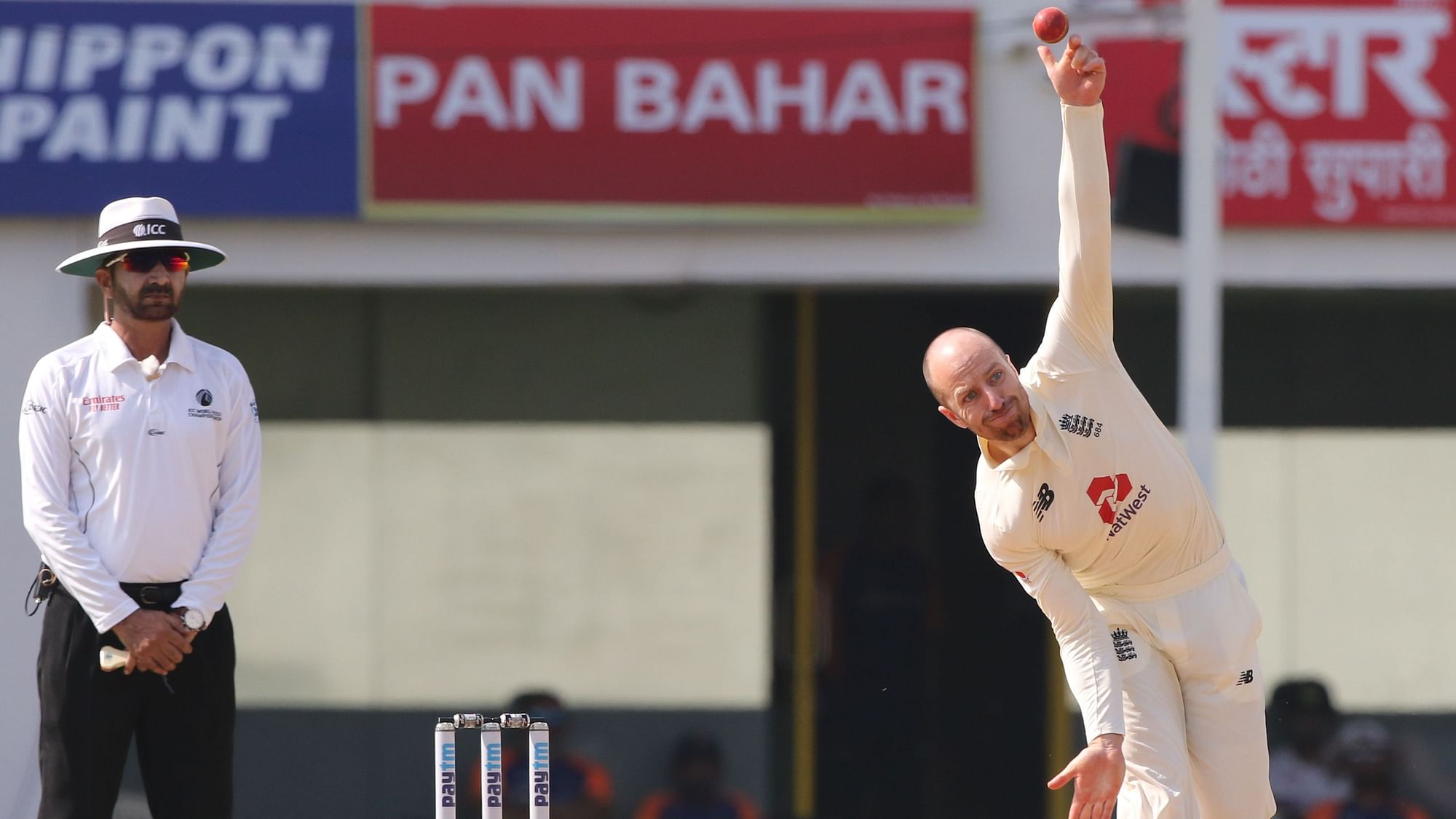 Jack Leach in action on Day 4 of the Chennai Test against India.&nbsp;