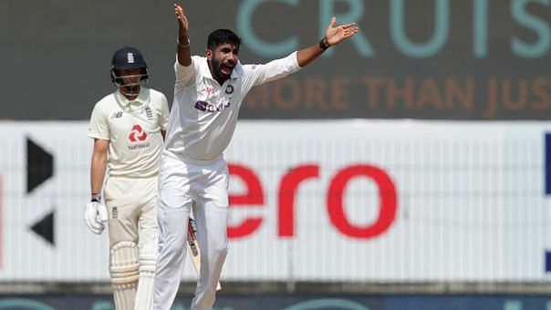 Jasprit Bumrah appeals successfully against Joe Root in Chennai on Day 4 of the first Test.