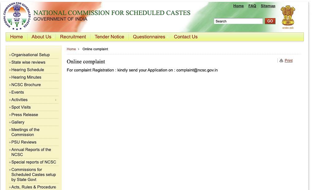 No online complaint portal exists in National Commission for Scheduled Castes to escalate  caste-based atrocities.