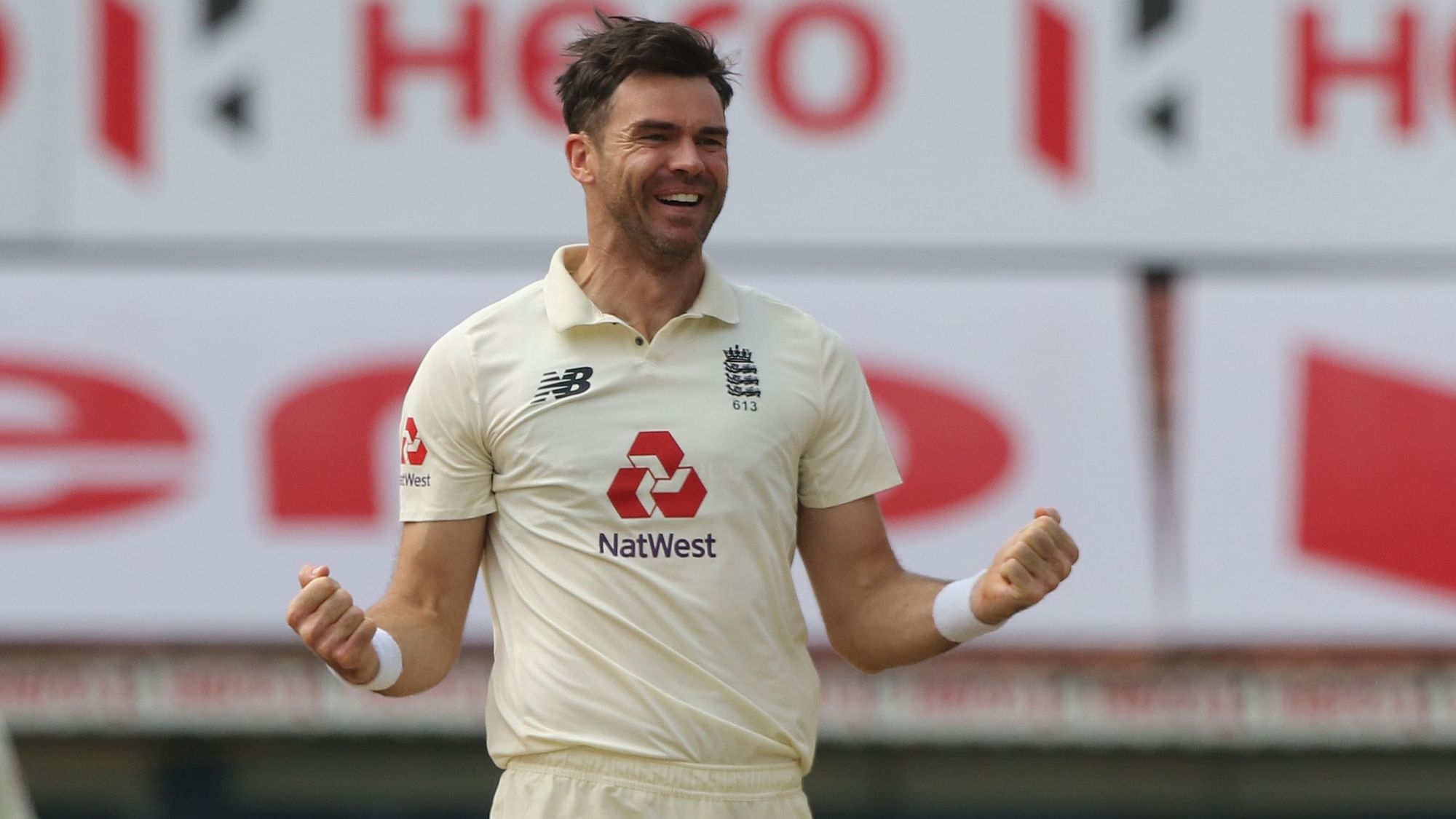 James Anderson&nbsp; celebrates an Indian wicket on Day 5 in Chennai.&nbsp;
