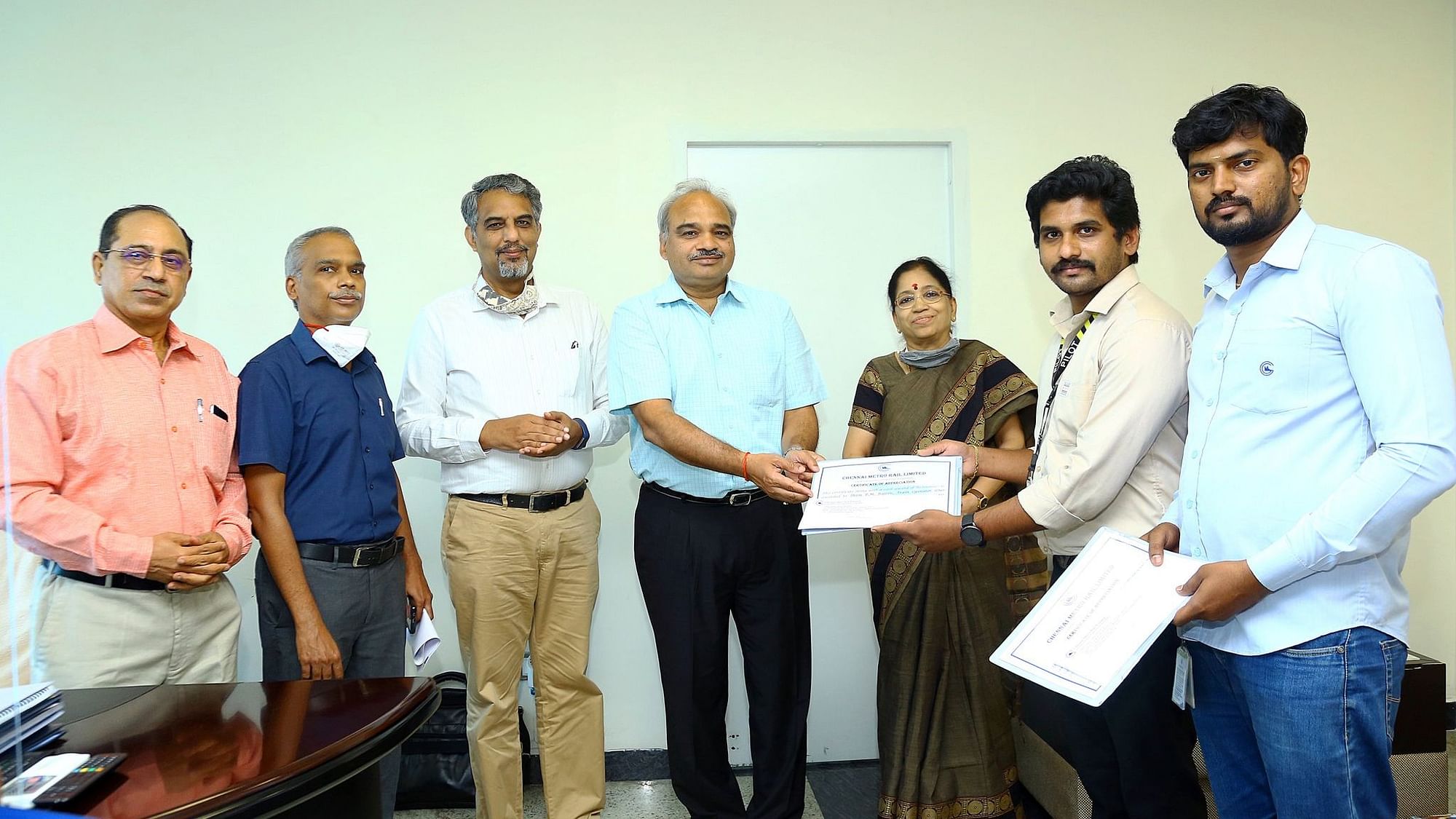 Egmore Metro Station Controller J Rajesh and Train Operator P M Rajeev were felicitated for providing immediate assistance for a passenger.