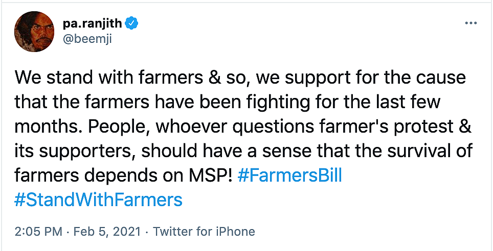 Screenshot of Pa Ranjith’s tweet in support of farmers