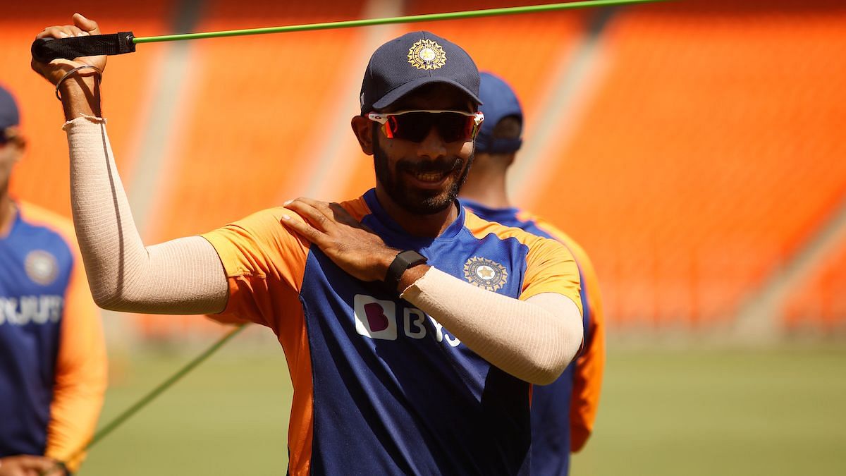 Jasprit Bumrah in training before the 3rd Test against England in Motera