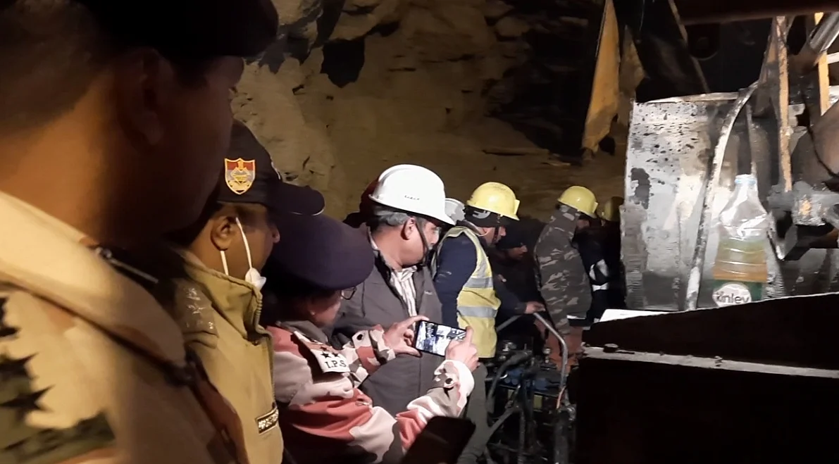 VIsuals inside the Tapovan tunnel where drilling is underway.
