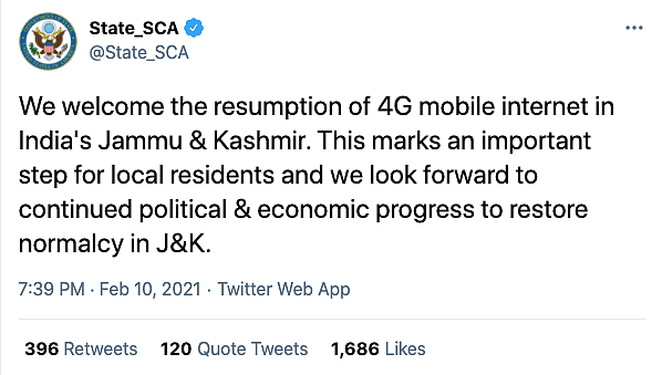 US Sate Department’s Bureau of South and Central Asian Affairs’ tweet.