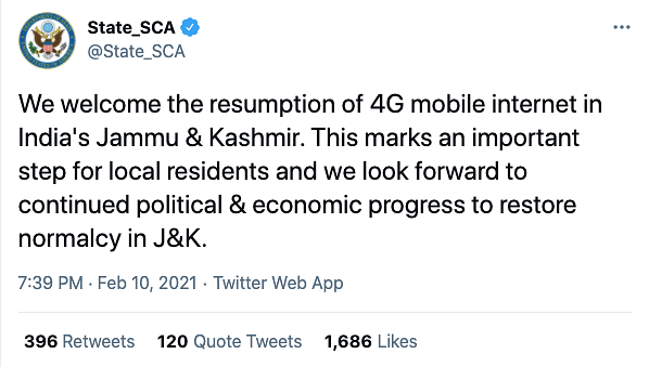 “We look forward to continued political and economic progress to restore normalcy in J&K,” the department tweeted.