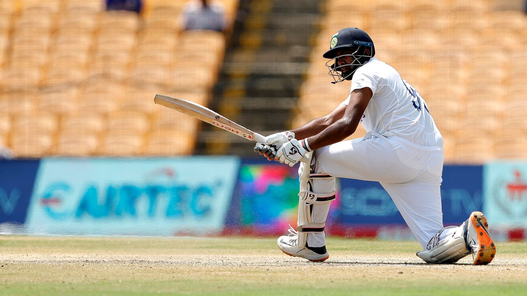 R Ashwin plays a sweep shot during his 106 against England.&nbsp;