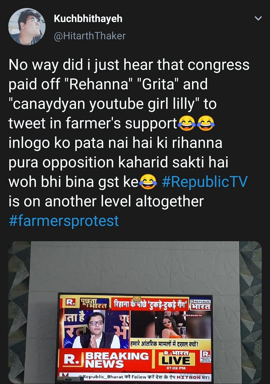 TV channels blamed the opposition for 'conspiring' with celebrities who tweeted in solidarity with farmers.