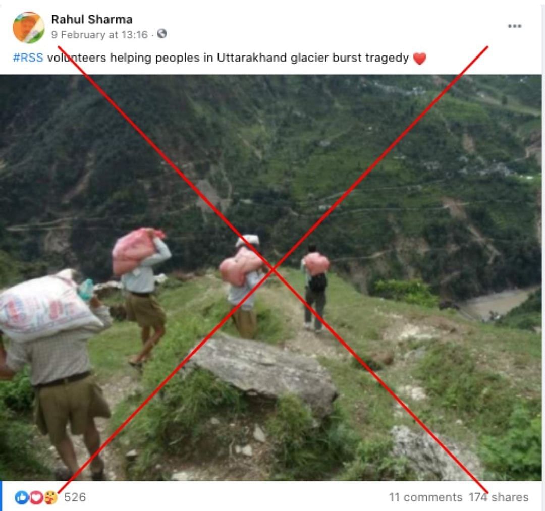 The image is from 2013, when RSS workers helped with relief activities amid floods in Uttarakhand.
