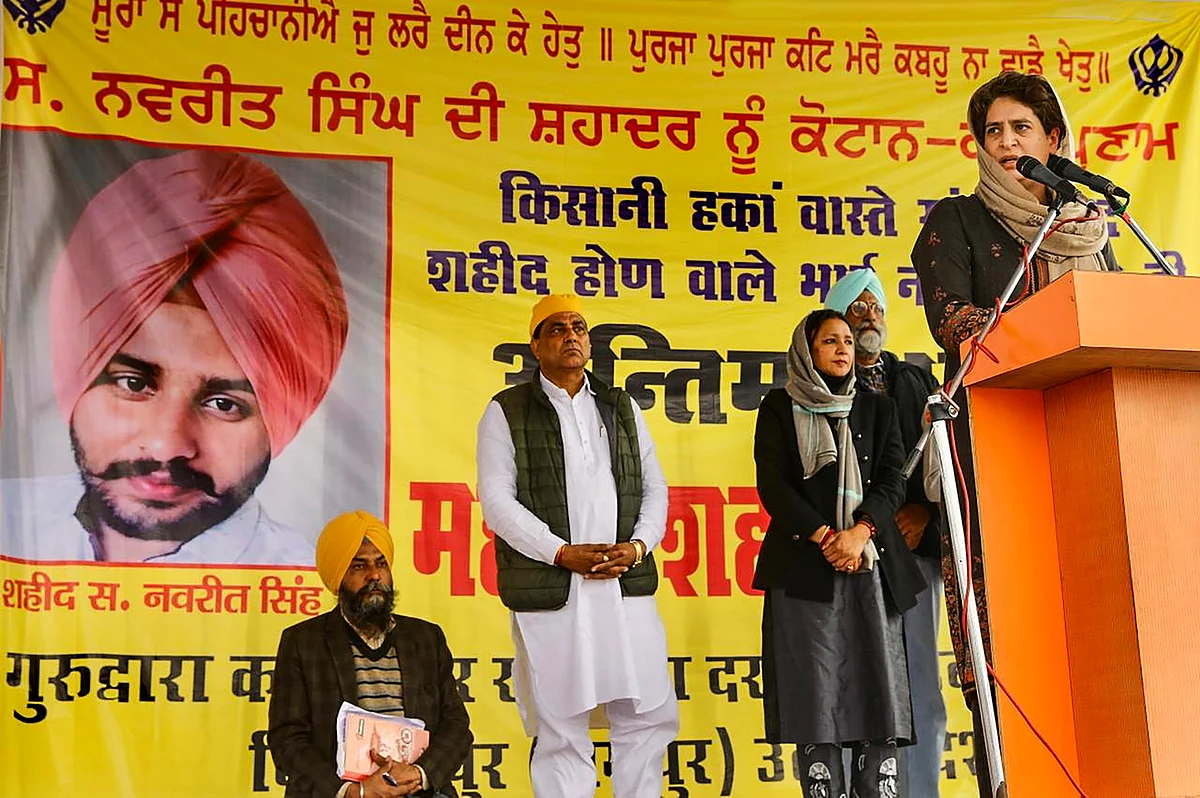 Congress General Secretary Priyanka Gandhi Vadra addresses during her visit to family members of Navreet Singh, who died during the farmers rally on Republic Day, in Rampur district.