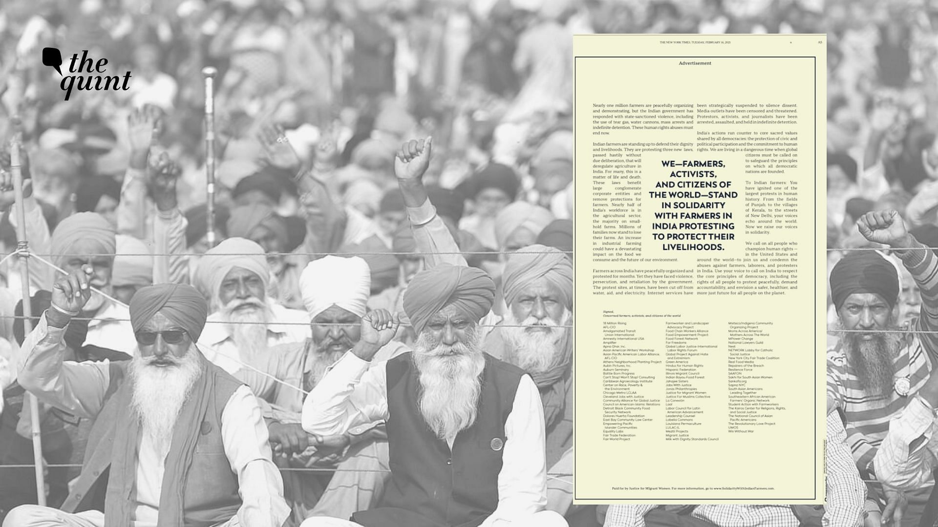 The New York Times (NYT) on Tuesday, 16 February, published a full-page advertisement by over 70 human rights organisations supporting the ongoing farmers’ protests in India.