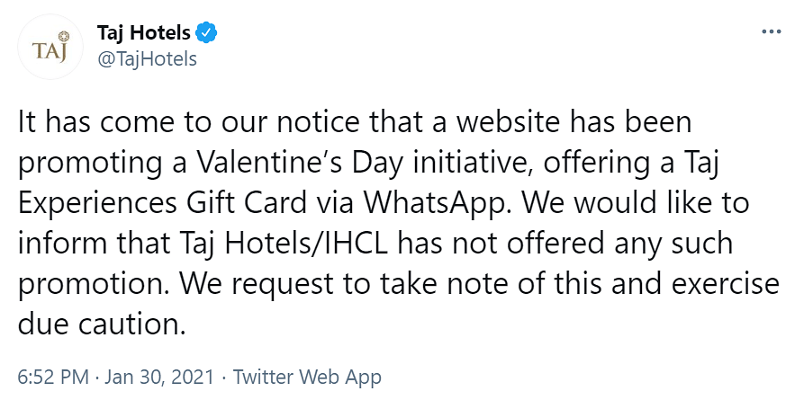 Free Stay at Taj Hotel for Valentine’s Day? Beware, It’s a Scam