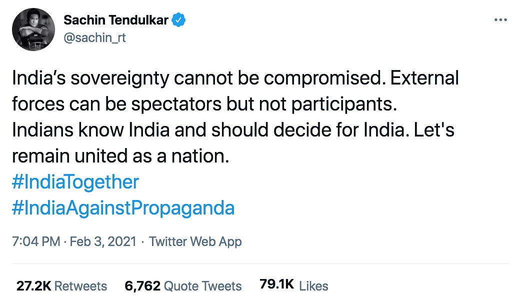 Sachin Tendulkar tweeted urging India to ‘remain united as a nation’.