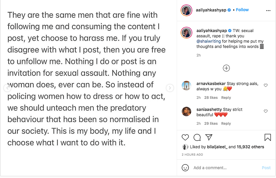 Aaliyah posted a long note about how she has been receiving rape threats for a lingerie photoshoot.