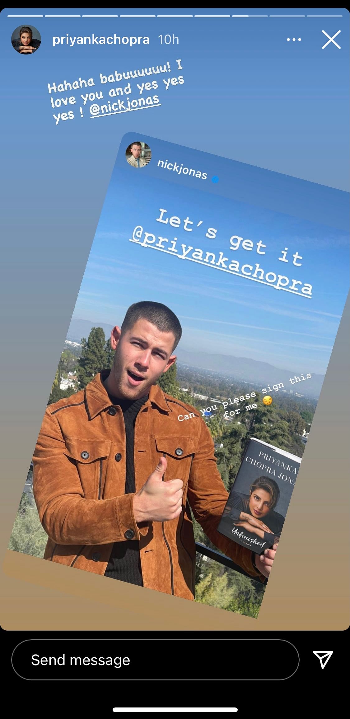 Nick Jonas takes to Instagram to ask Priyanka Chopra for an autographed copy of her book “Unfinished”.