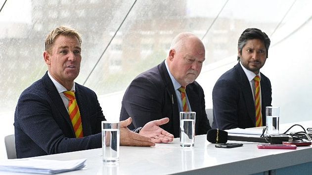 Shane Warne, Mike Gatting and Kumar Sangakkara during an MCC Meeting 