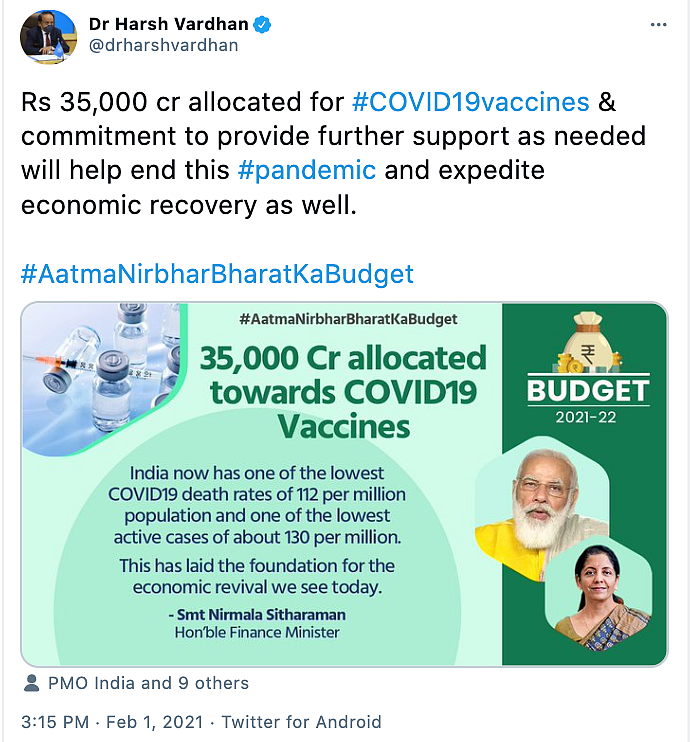 Dr Harsh Vardhan posted on twitter about India’s Union Budget plan which includes fighting the coronavirus. 