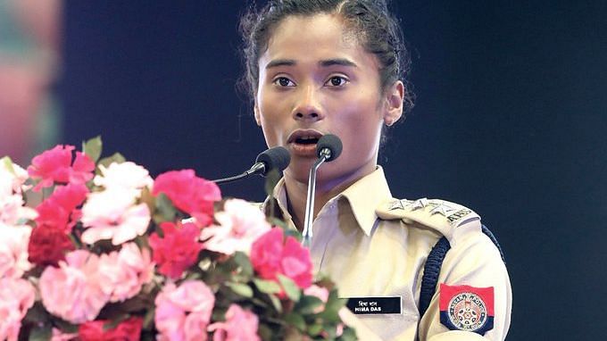 Hima Das speaking during her induction ceremony.&nbsp;