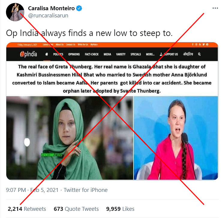 The morphed screenshot claims that OpIndia said that Greta Thunberg was born into a Muslim family.