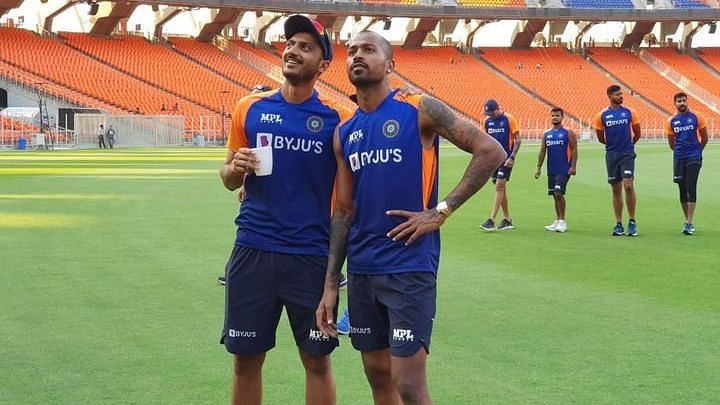 Hardik Pandya and Axar Patel share a light moment in training at Motera.&nbsp;