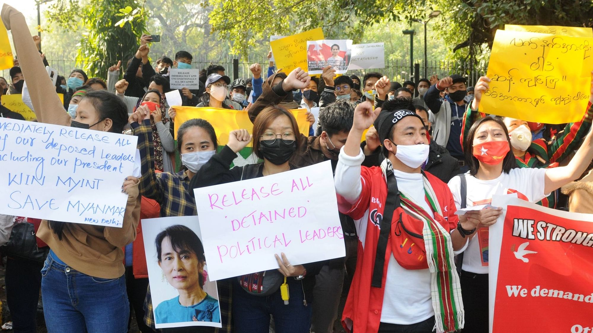 Myanmarese refugees in India participate in a protest against the ousting of Myanmar’s elected government and its leader Aung San Suu Kyi, in New Dehi, Friday, 5 Feb, 2021.&nbsp;