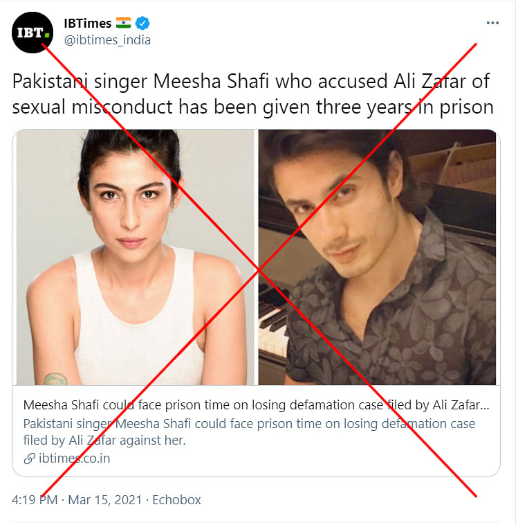 Both Meesha Shafi and her lawyer took to social media to refute reports of her getting 3 years in prison. 