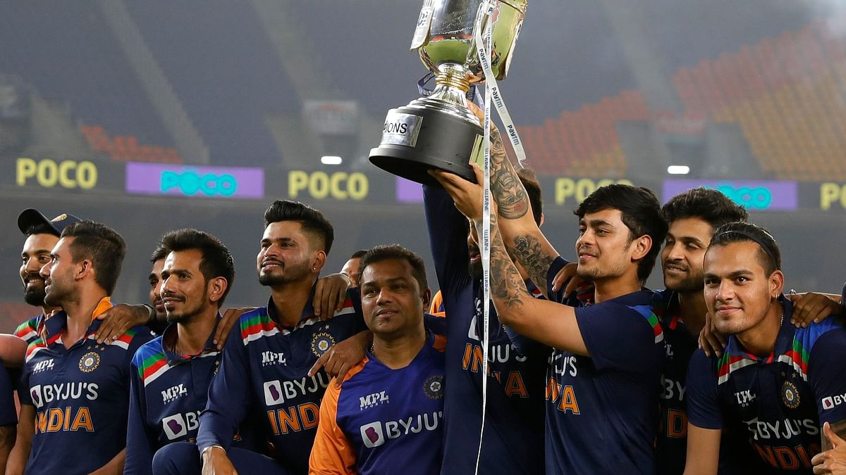 The Indian team with the  trophy after winning the 5th T20 International between India and England held at the Narendra Modi Stadium, Ahmedabad, Gujarat.