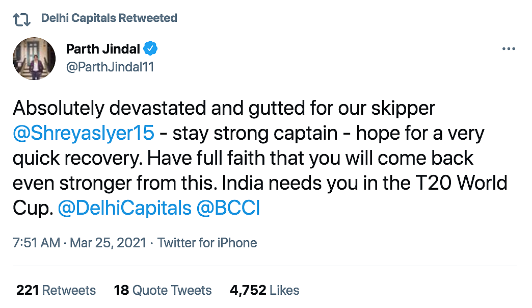 Shreyas Iyer Out of IPL 2021? Team Owner’s Tweet Has Fans Worried