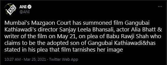 The summons come after a plea filed by Babuji Rawji Shah who claims to be Gangubai's adopted son