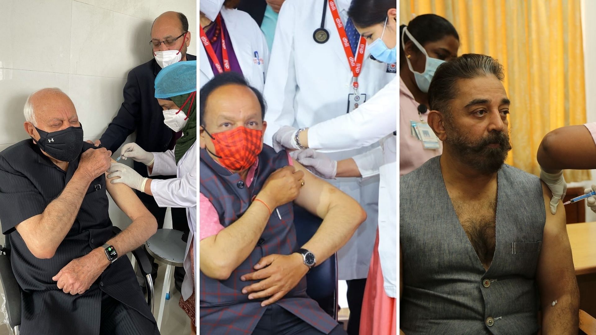 Farooq Abdullah, Dr Harsh Vardhan, and Kamal Haasan get their first doze of COVID-19 vaccine.