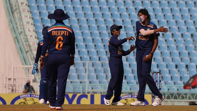 Jhulan Goswami celebrates a wicket against South Africa in Lucknow.&nbsp;