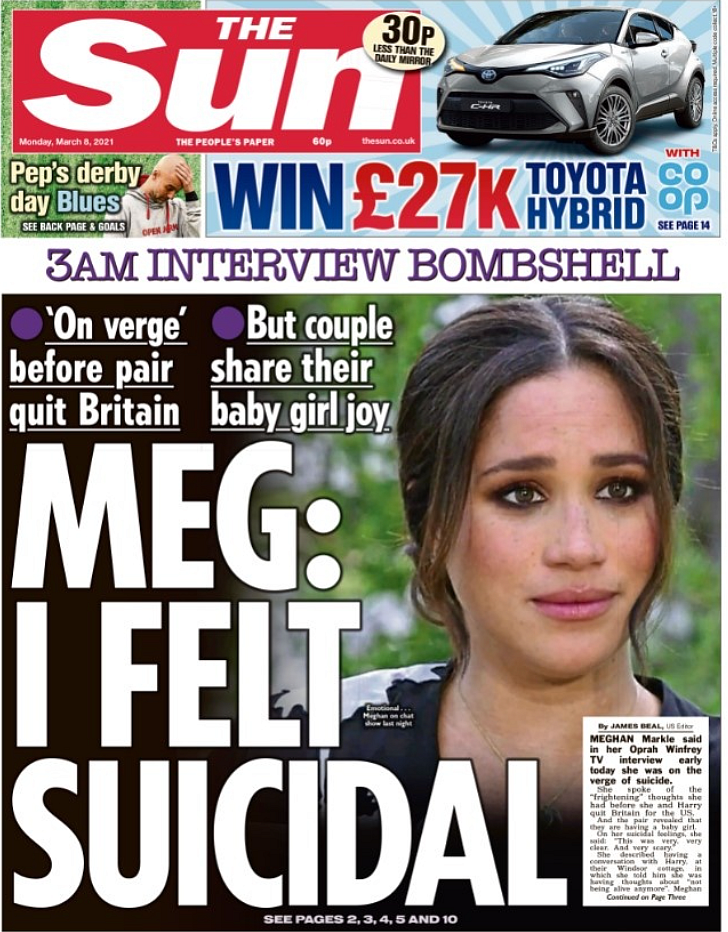 This is the front page of The Sun on Monday where they covered the Oprah interview of the couple. 