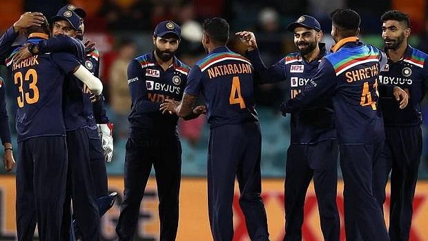 India celebrate a dismissal during the Australia T20 series.