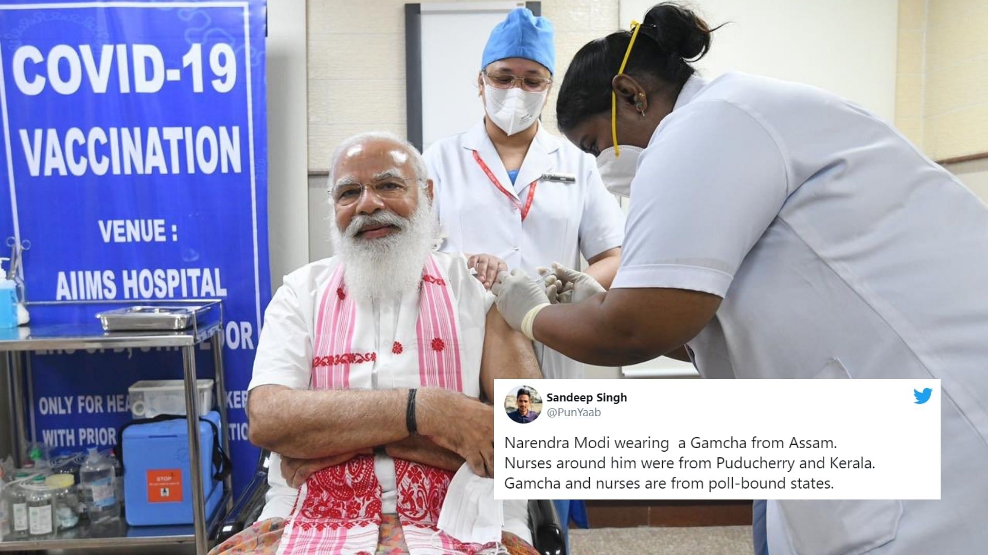 From the Assamese Gamosa, Tagore-like beard, and nurses from poll-bound Kerala and Puducherry, many saw poll reminders in PM Modi’s vaccination photo.